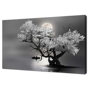 Sailing Under The Moonlight Blossom Tree Black And White Modern Design Canvas Print Wall Art Picture