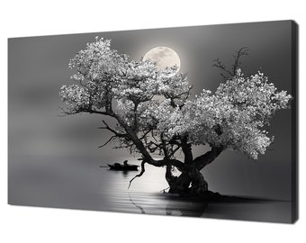 Sailing Under The Moonlight Blossom Tree Black And White Modern Design Canvas Print Wall Art Picture