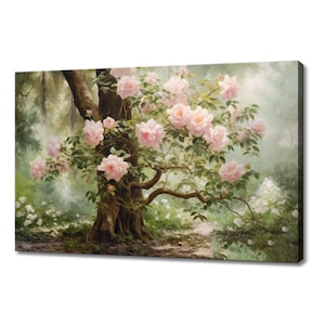 Pink Roses Flowers Bush Vintage Painting Style Canvas Print, Farmhouse Decor Art, Nature Picture Wall Hanging Fine Art Print
