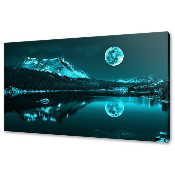 Full Moon Rising Above Calm Teal Blue Lake Modern Design Home Decor Canvas Print Wall Art Picture