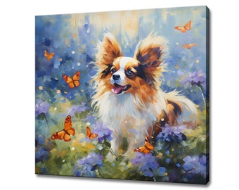 May include: A painting of a papillon dog with brown and white fur, standing in a field of purple flowers with orange butterflies flying around it.