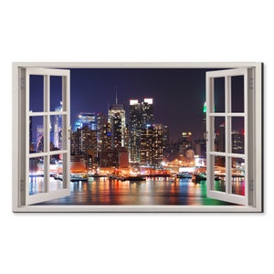 Colourful New York City At Night Window View, Window Frame Style Modern Design Home Decor Canvas Print Wall Art Picture Ready To Hang