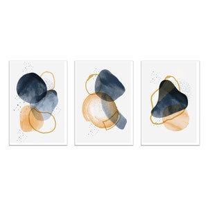 Abstract Art Print, Watercolour Wall Art, Blue Yellow Set Of 3 Panels Modern Canvas Print Wall Art Home Decor Picture