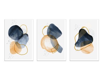 Abstract Art Print, Watercolour Wall Art, Blue Yellow Set Of 3 Panels Modern Canvas Print Wall Art Home Decor Picture