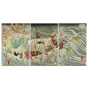 The Taira Ghosts Arising From The Sea To Attack Yoshitsune&#39;s Ship Utagawa Kuniyoshi 3 Panels Modern Canvas Print Wall Art Home Decor