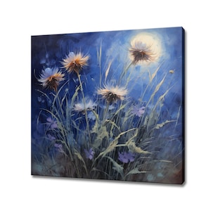 Cornlowers Field Under The Moon, Oil Painting Style Canvas Print Wall Art, Modern Floral Design Home Decor, Flowers Wall Art