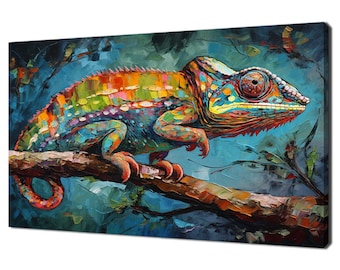 May include: A colourful chameleon perched on a branch, painted in a vibrant style with bold strokes and bright colours. The chameleon's scales are a mix of green, blue, orange, and yellow, and its eye is a striking red.