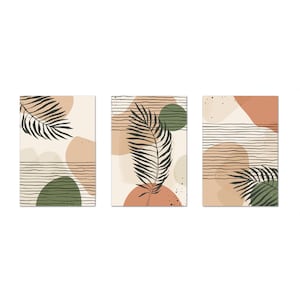 Neutral Botanical Plants Art, Boho Minimalist Prints, Terracotta Green Palm Leaves Set Of 3 Prints Modern Canvas Print Wall Art Home Decor