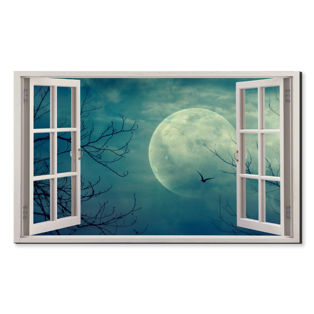Bird Flying Towards the Moon Window View, Window Frame Style Modern ...