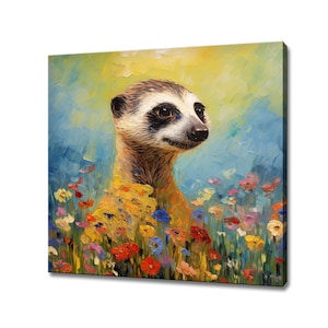 Meerkat In Flowers Animal Canvas Print, Gift For Meerkat Lover, Colourful Meerkat Portrait Painting Print, Meerkat Pet Wall Art