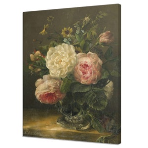 Still Life With Peony Roses Flowers In Vase, Antique Victorian Floral Fine Art, Vintage Oil Painting Canvas Print, Dark Moody Art