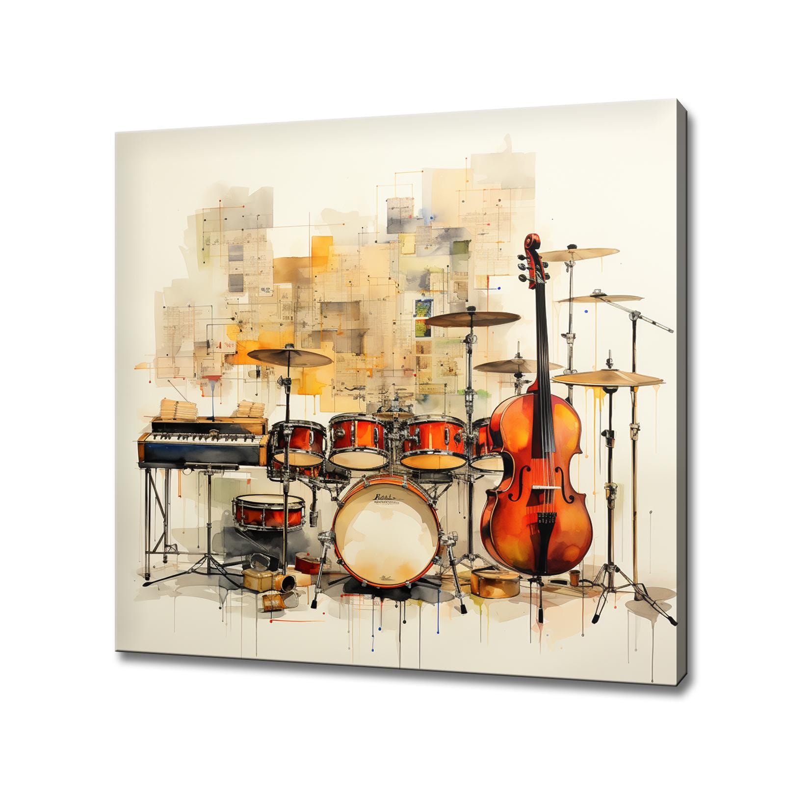 Vintage Music Instruments Violin Drums Watercolour Canvas Print