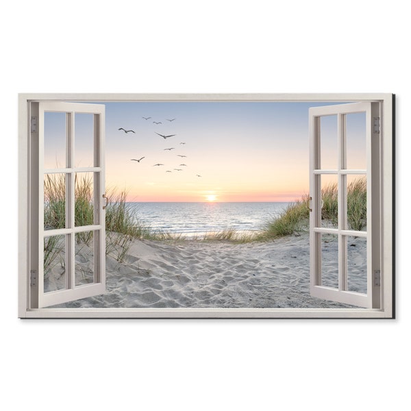 Sanddüne Strand Vögel Meerlandschaft Fensteransicht, Fensterrahmen Stil Modernes Design Wohnkultur Leinwand Druck Wand Kunst Bild fertig zum Aufhängen