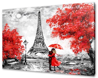 May include: A black and white painting of a couple in red clothing standing under a red umbrella in front of the Eiffel Tower. The couple is standing on a sidewalk with red trees in the background.