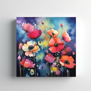 Colourful Abstract Poppies Flowers Meadow Watercolour Painting Style Canvas Print, Modern Floral Design Home Decor, Flower Wall Art Picture
