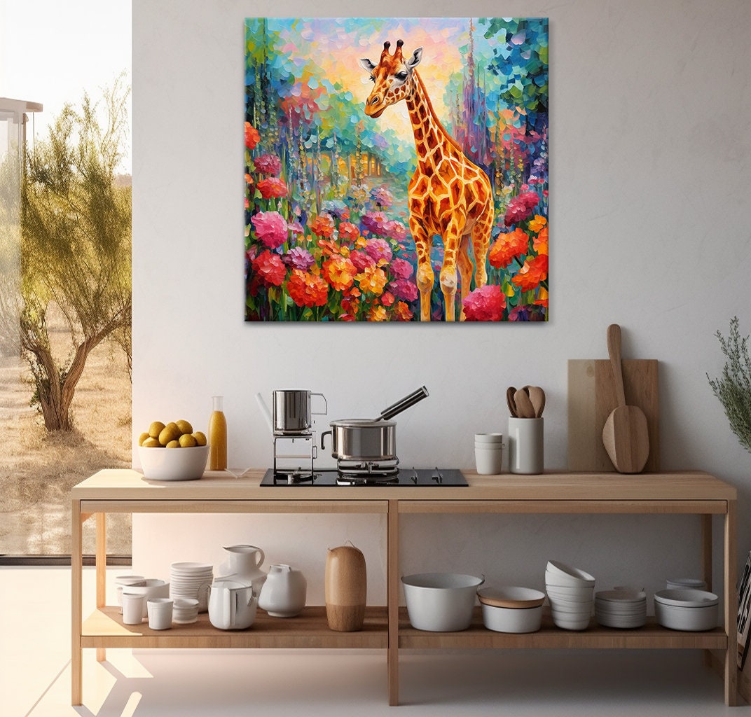 Giraffe in the Flowers Field Canvas Print, Gift for Giraffe Lover ...
