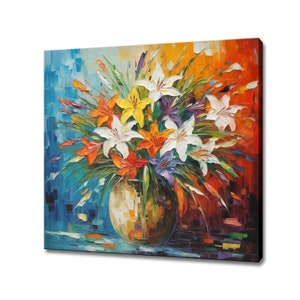 Colourful Lilies Flowers In A Vase, Oil Painting Style Canvas Print Wall Art, Modern Floral Design Home Decor, Botanical Flowers Wall Art