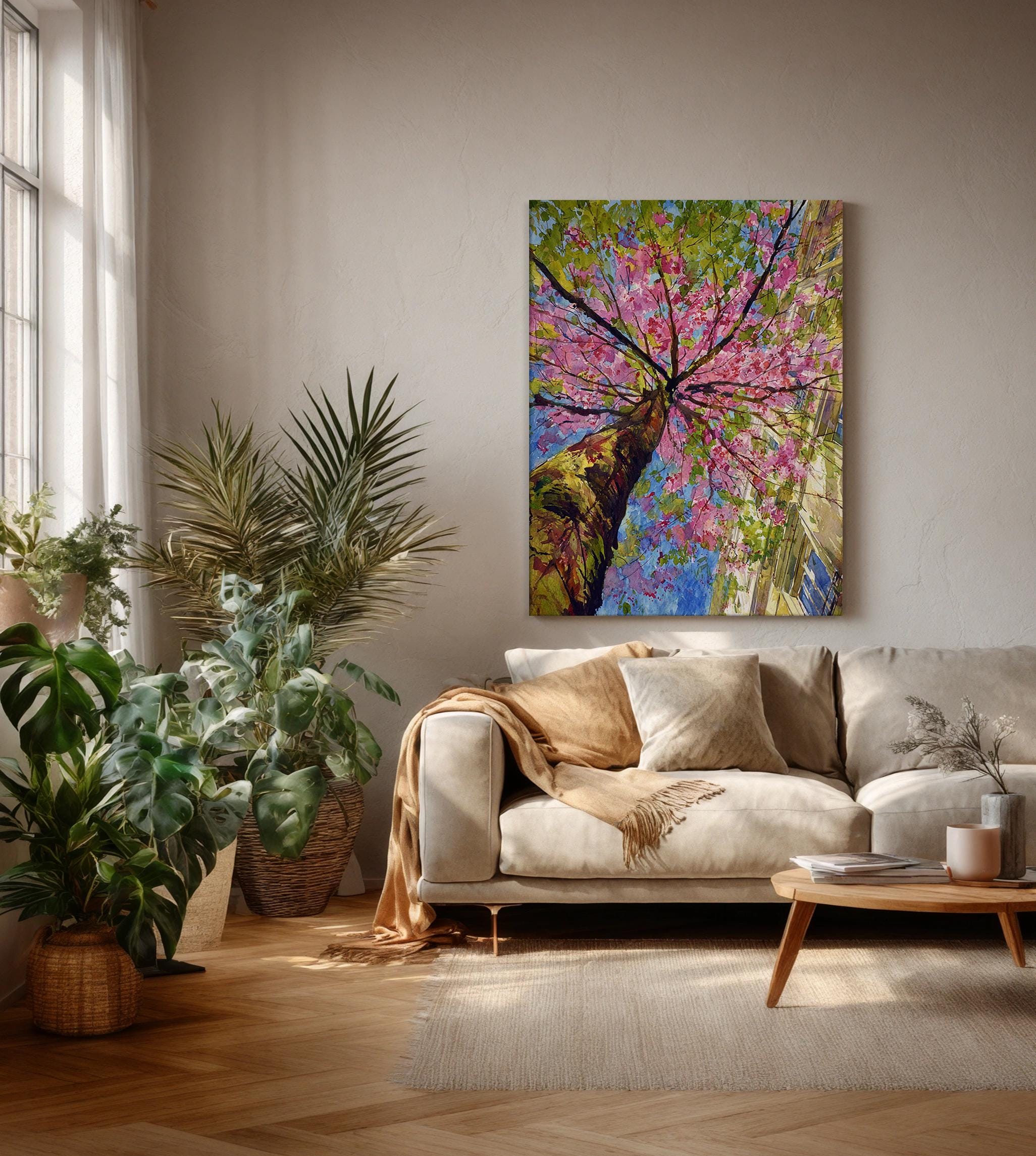 Spring Blooming Pink Tree Canvas Print, Cherry Blossom Floral Wall Art ...