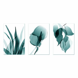 Blue Teal Abstract Flowers, Boho Minimalist Art Print, Floral Wall Art, Botanical Set Of 3 Prints Modern Canvas Print Wall Art Home Decor