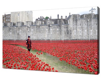 May include: A red poppy field installation in front of the Tower of London. A person in a red and blue uniform walks through the field.