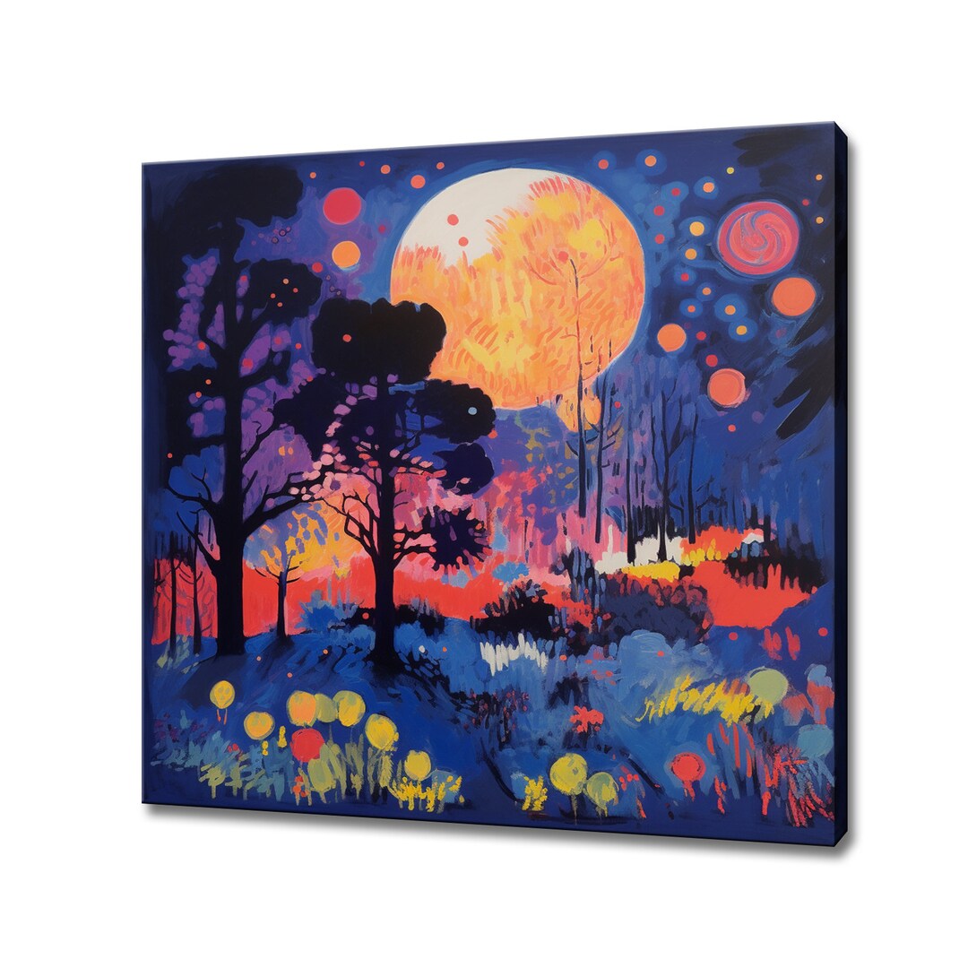 Abstract Fantasy Orange Moon Above Forest Trees Painting Style Canvas ...