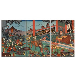 Raiko And His Retainers Entertaining The Shuten-Doji Utagawa Kuniyoshi 3 Panels Modern Canvas Print Wall Art Home Decor
