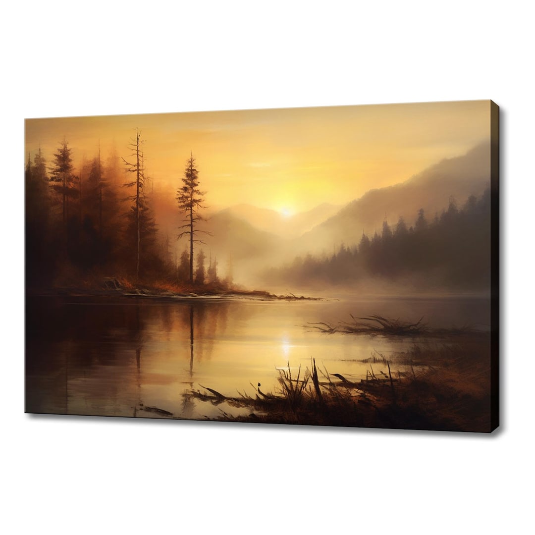 Sunset Over the Mountain Lake Vintage Landscape Painting Style Canvas ...