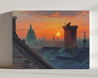 May include: A silhouette of a cat sitting on a rooftop chimney against a sunset backdrop. The city skyline is visible in the distance, including a large dome-shaped building. The sky is a vibrant orange and yellow, with clouds in the background.
