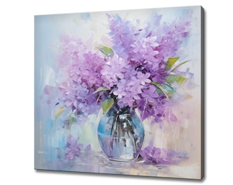 Colourful Bouquet Of Lilac Flowers, Oil Painting Style Canvas Print Wall Art, Modern Floral Design Home Decor, Botanical Flowers Wall Art