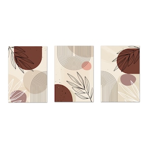 Boho Abstract Wall Art Prints, Neutral Abstract Art, Brown Beige Leaves Set Of 3 Prints Modern Canvas Print Wall Art Home Decor