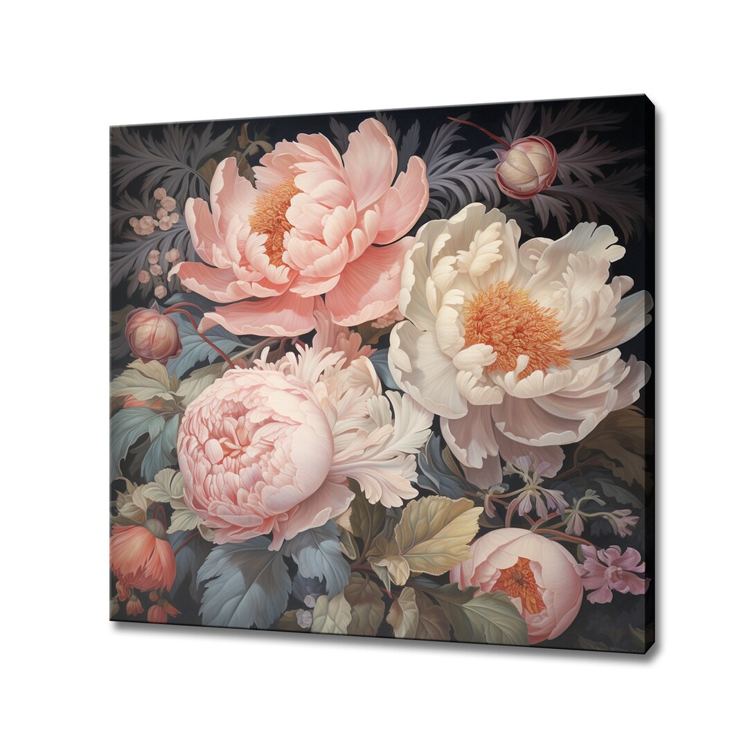 Peach Peony Flowers Close up Canvas Print Wall Art, Modern Floral ...