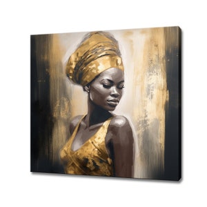 Mooie Afrikaanse vrouw met traditionele goudbruine tulband canvasafdruk, Afrikaanse kunst aan de muur, modern muurdecor, vrouwelijk portret print