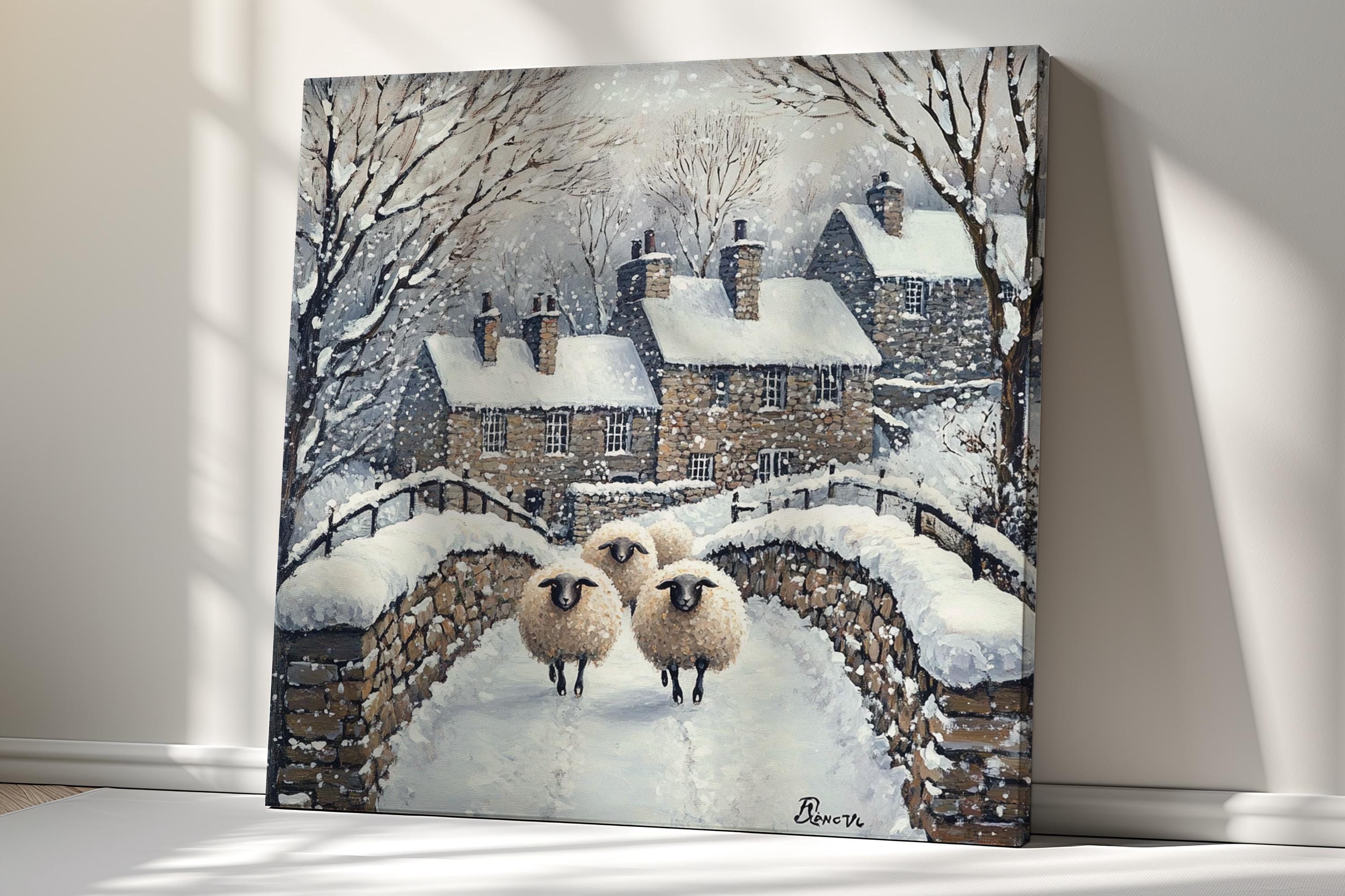 Three Woolly Sheep Walking on Snowy Bridge Canvas Print, Winter