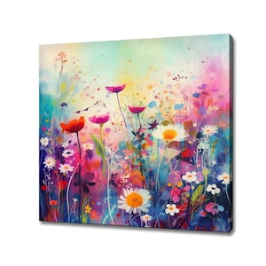 Colourful Abstract Wildlowers Meadow Watercolour Painting Style Canvas Print, Modern Floral Design Home Decor, Flower Wall Art Picture