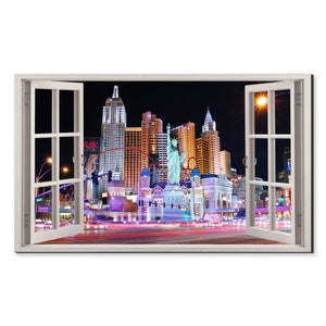 Las Vegas Night Lights Cityscape Window View, Window Frame Style Modern Design Home Decor Canvas Print Wall Art Picture Ready To Hang