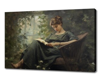 May include: A woman in a green dress sits in a wicker chair in a garden setting, reading a book. The scene is painted in a realistic style with soft lighting and muted colors.