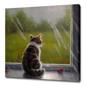 Cute Kitten Sitting By The Window On A Rainy Day, Pet Animal Wall Art, Modern Design Home Decor Canvas Print, Kids Nursery Wall Art