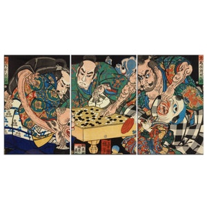 Raiko&#39;s Retainers, Watanabe No Tonna, Sadanobu And Kunitoki Playing Go Utagawa Kuniyoshi 3 Panels Modern Canvas Print Wall Art Home Decor