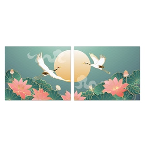 Elegant Crane Birds And Lotus Flowers Japanese Oriental 2 Panels Modern Design Home Decor Canvas Print Wall Art Picture