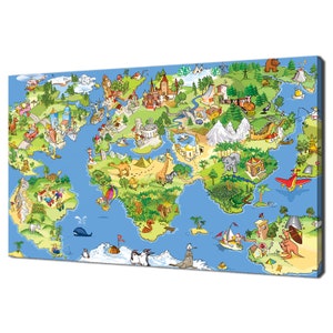 Funny Map Of The World Geography Modern Design Kids Room Decor Canvas Print Wall Art Picture Wall Hanging