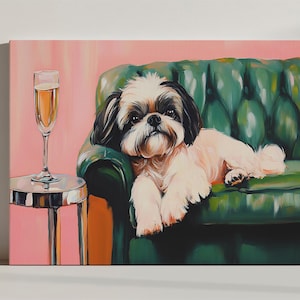Shih Tzu-hond met champagneglas canvasafdruk, leuke eigenzinnige grillige beeldende kunst, cadeau voor hondenliefhebber, retro cocktailkunst bar kar decor
