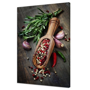 Colourful Pepper Corns, Garlic Cloves, Chili On Wooden Table Kitchen Modern Design Home Decor Canvas Print Wall Art Picture