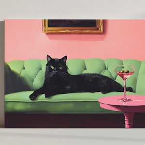 Schwarze Katze mit Martini Getränk Leinwanddruck, niedlicher schrulliger Kunstdruck, Geschenk für Katzenliebhaber, Retro Cocktail Art Bar Warenkorb Wanddekor