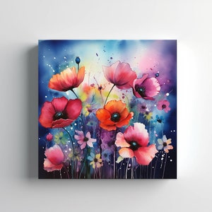 Colourful Abstract Poppies Wildlowers Meadow Watercolour Painting Style Canvas Print, Modern Floral Design Home Decor, Flower Wall Art