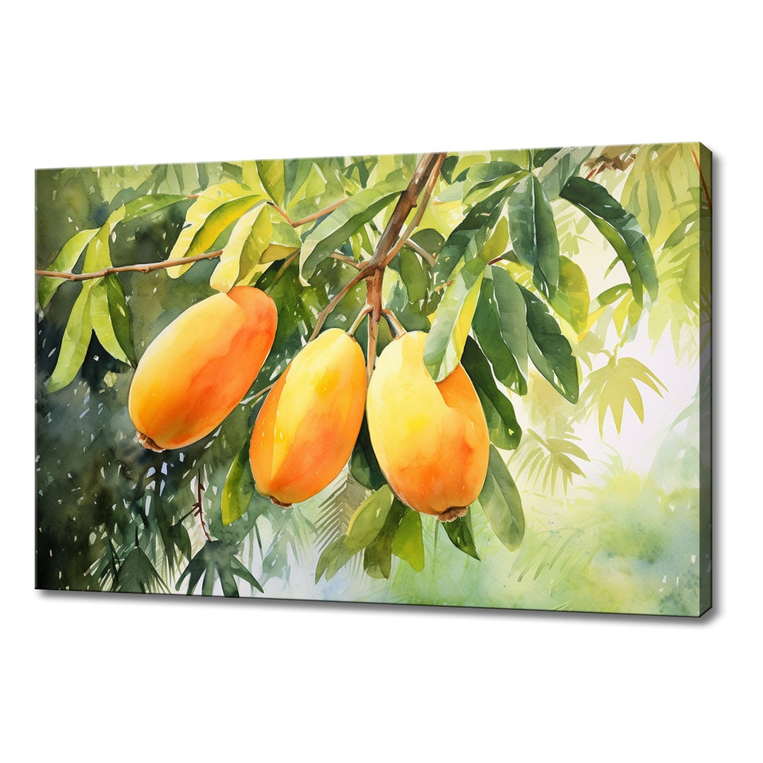 Yellow Mangoes Fruits Tree Branch Watercolour Canvas Print, Colourful