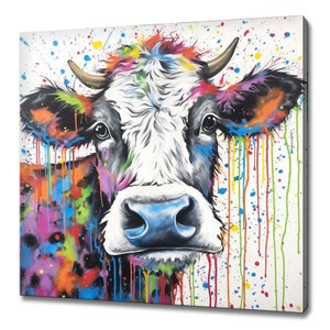 Colourful Cow, Watercolour Painting Splatter Style Animal, Farm Animal Art, Canvas Print Wall Art, Farm Animal Art, Kids Nursery Art Prints