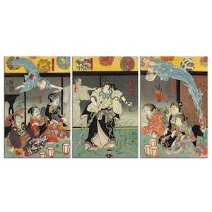 Orikoshi Masatomo Attacked By The Ghost Of Asakura Togo Utagawa Kuniyoshi 3 Panels Modern Canvas Print Wall Art Home Decor