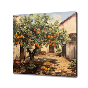 Orange Tree In Spanish Yard Vintage Oil Painting Style Canvas Print, Wall Art Print, Nature Picture Wall Hanging, Landscape Wall Decor