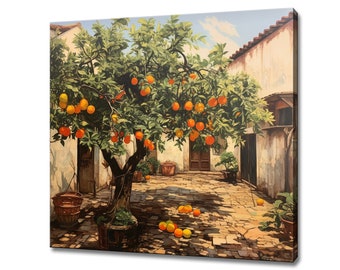 Orange Tree In Spanish Yard Vintage Oil Painting Style Canvas Print, Wall Art Print, Nature Picture Wall Hanging, Landscape Wall Decor