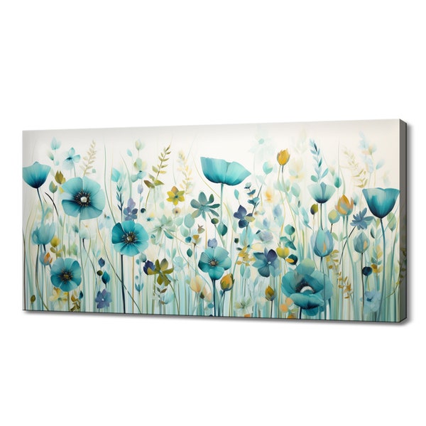 Mooie pastel blauwgroen lente wilde bloemen veld weide, kleurrijke aquarel bloemen modern design woondecoratie, canvas print muur kunst foto